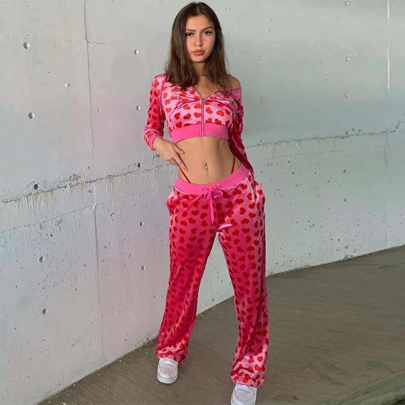 Velvet Heart Print Tracksuit