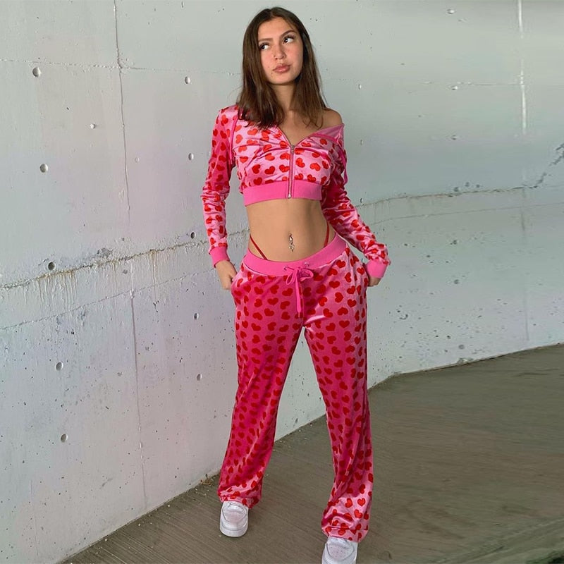 Velvet Heart Print Tracksuit