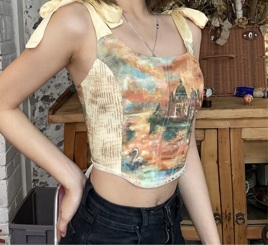 Ribbon Sleeve Art Print Corset Crop Top