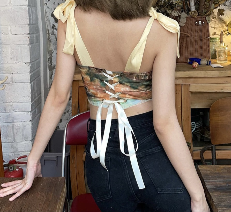 Ribbon Sleeve Art Print Corset Crop Top