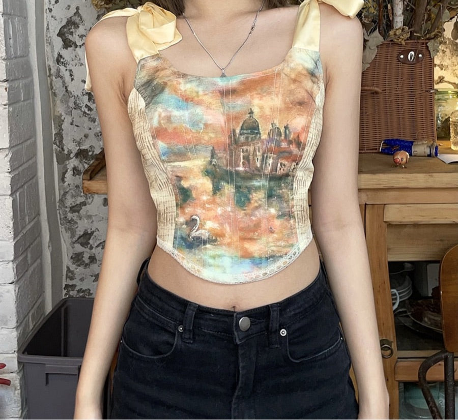 Ribbon Sleeve Art Print Corset Crop Top