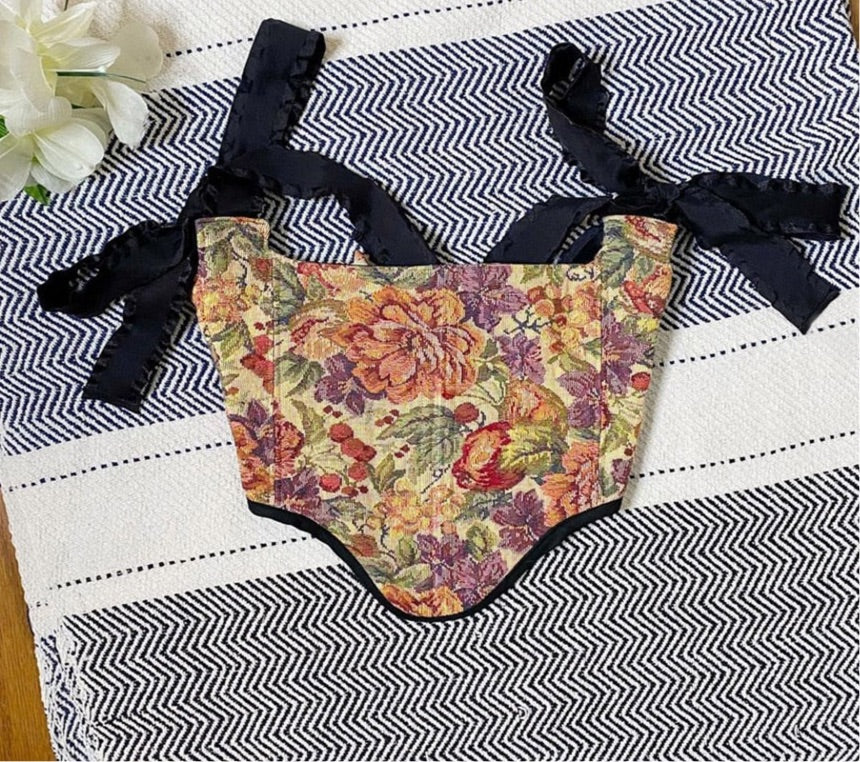 Ribbon Sleeve Art Print Corset Crop Top