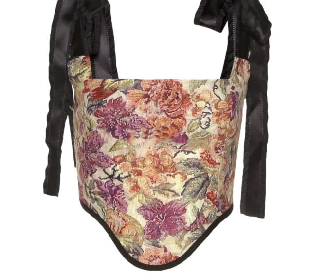 Ribbon Sleeve Art Print Corset Crop Top
