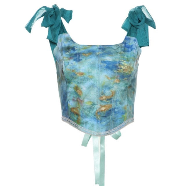 Ribbon Sleeve Art Print Corset Crop Top