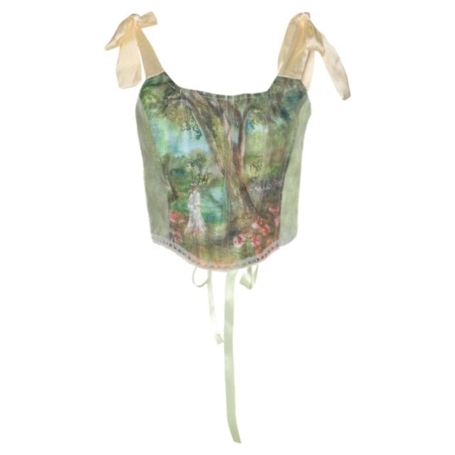 Ribbon Sleeve Art Print Corset Crop Top