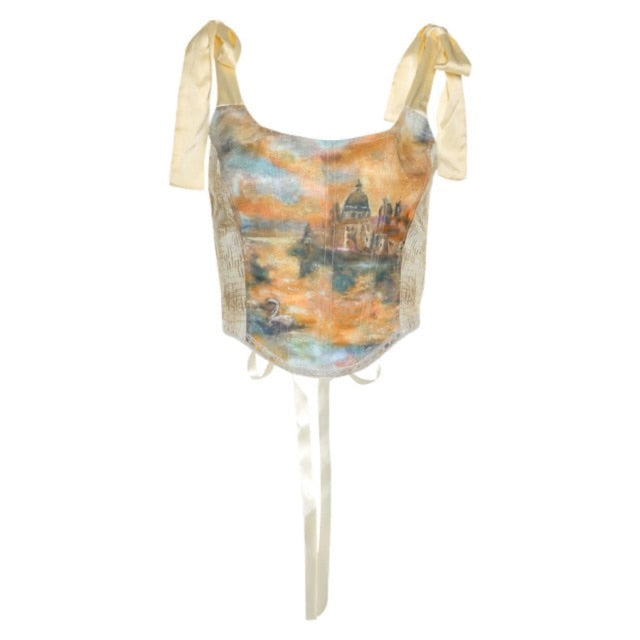 Ribbon Sleeve Art Print Corset Crop Top