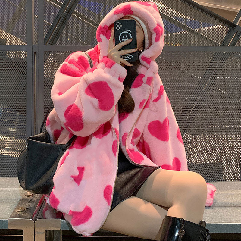 Heart Print Fluffy Jacket