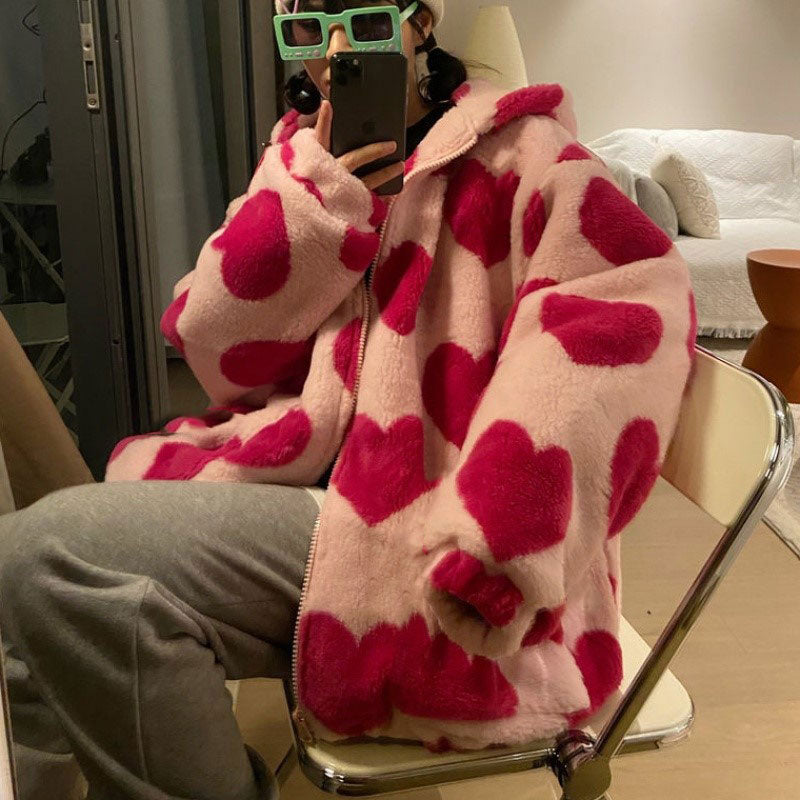 Heart Print Fluffy Jacket