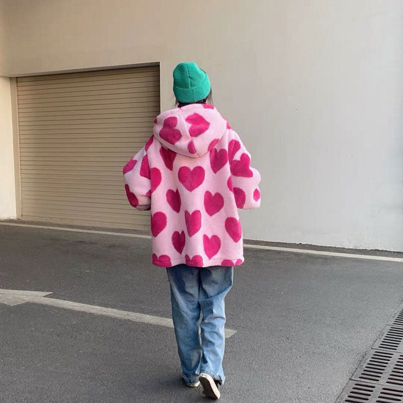 Heart Print Fluffy Jacket