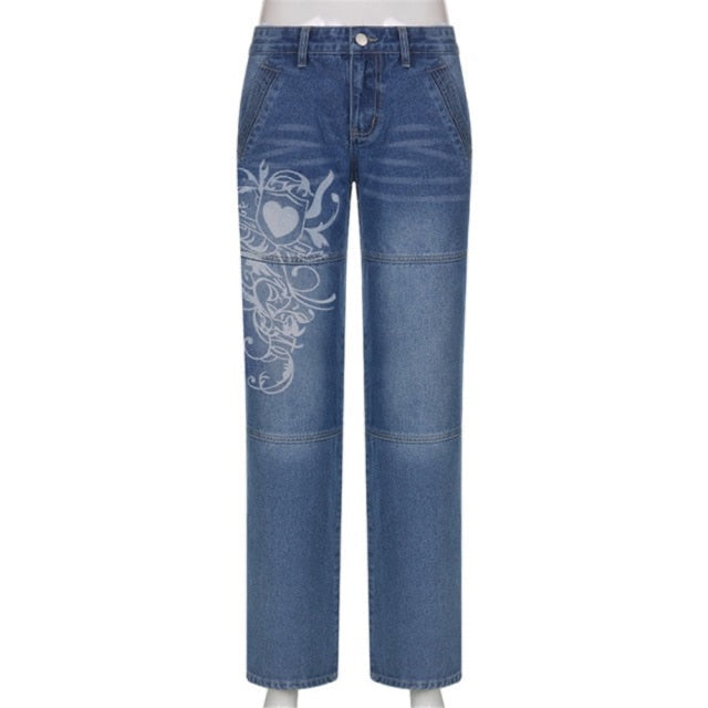 Gothic Print Baggy Jeans