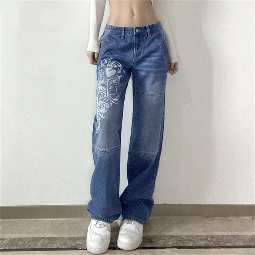 Gothic Print Baggy Jeans