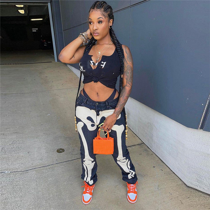 Skeleton Print Low Waist Jeans