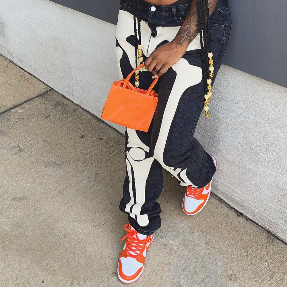 Skeleton Print Low Waist Jeans