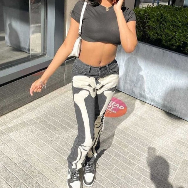 Skeleton Print Low Waist Jeans