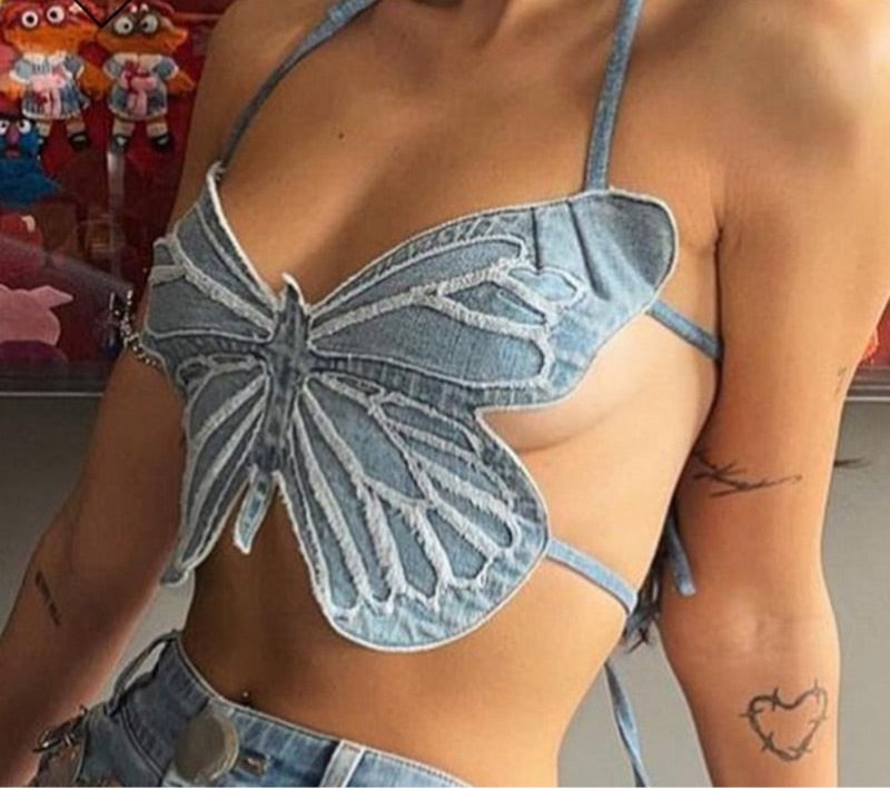 Denim Butterfly Crop Top