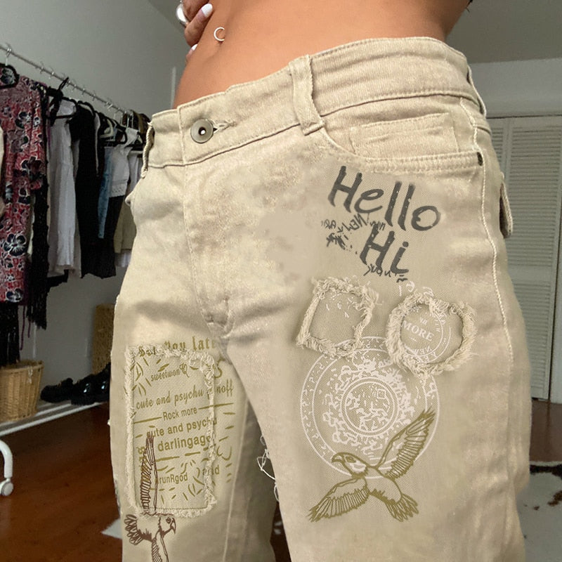 Beige Low Waist Letter Print Jeans