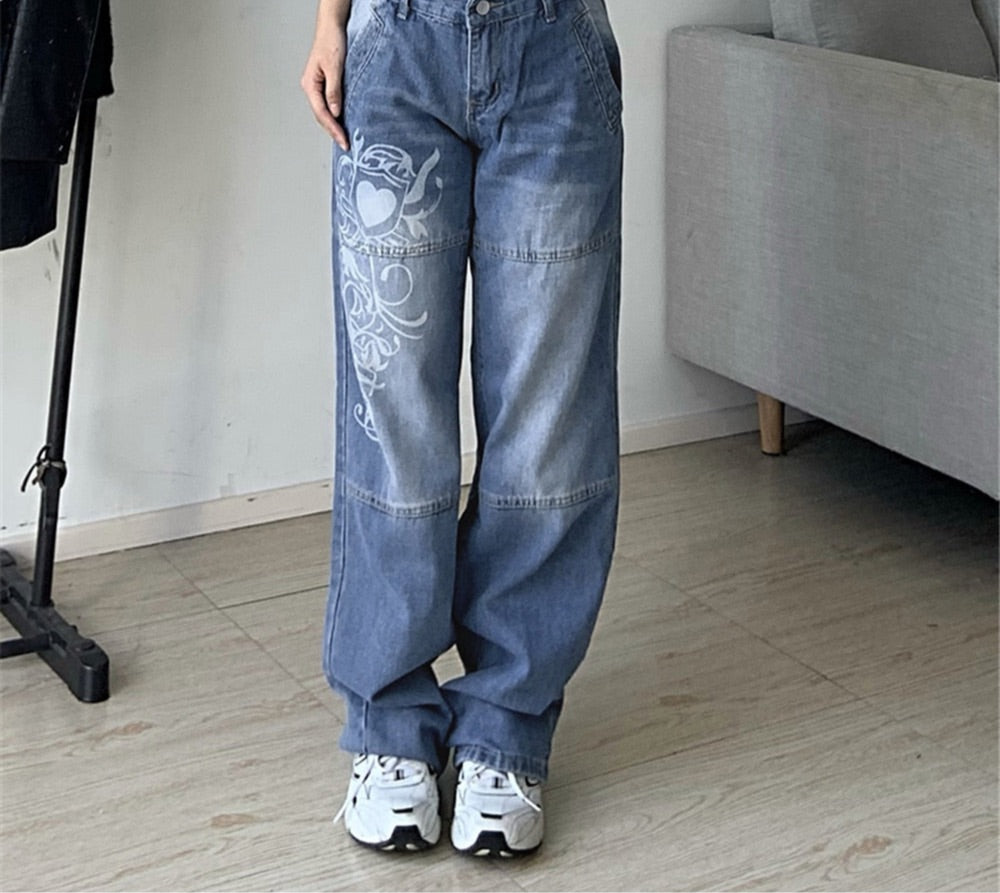 Gothic Print Baggy Jeans