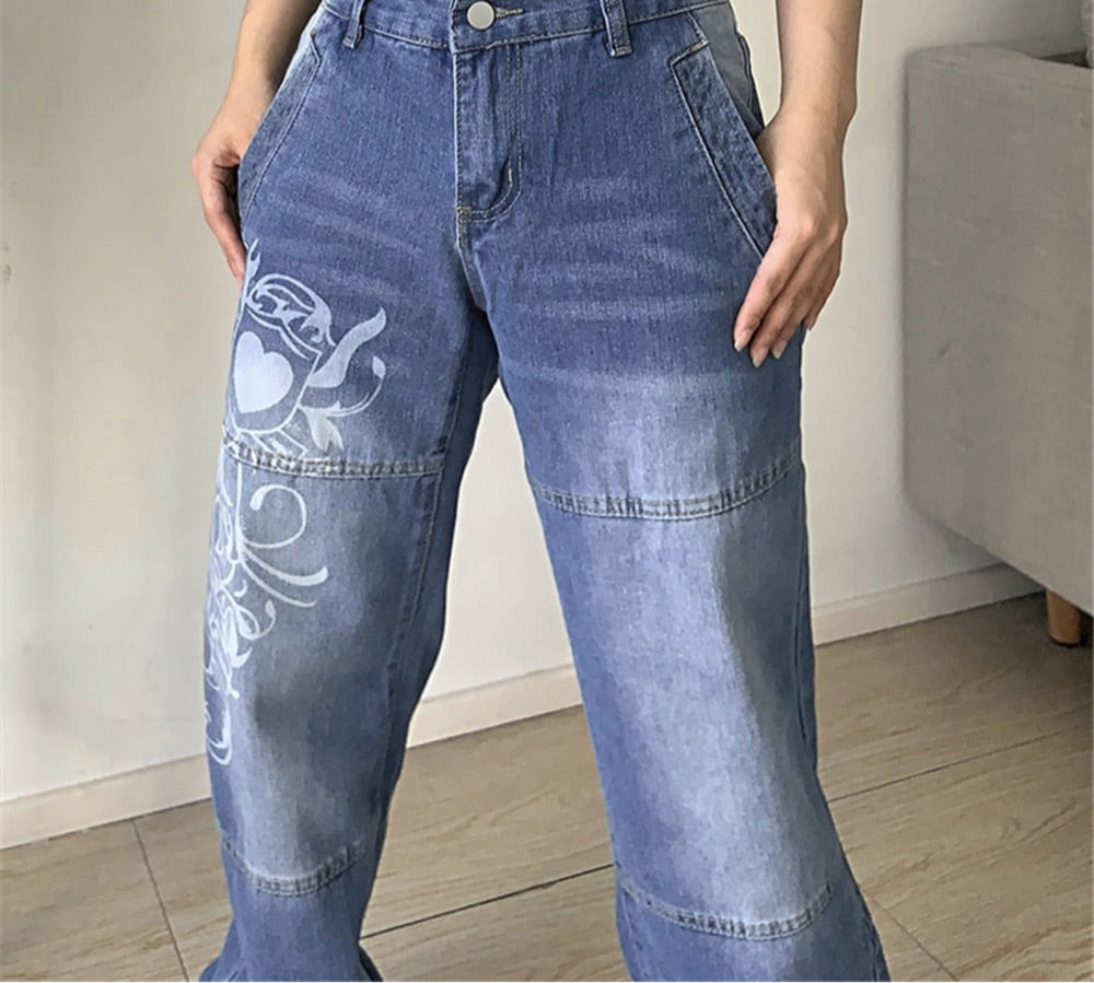 Gothic Print Baggy Jeans