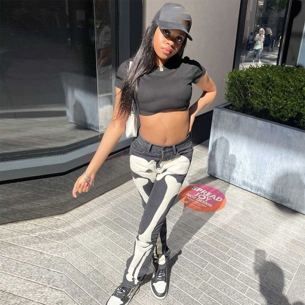 Skeleton Print Low Waist Jeans