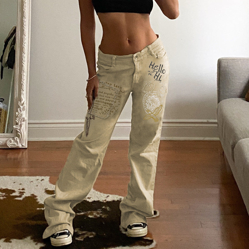 Beige Low Waist Letter Print Jeans