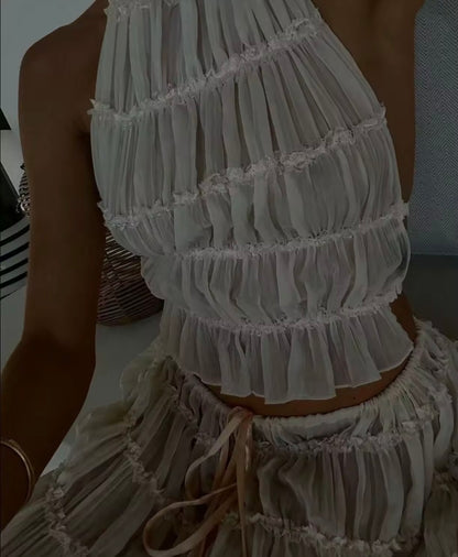 Ruched Mesh Ruffle Maxi Skirt Co-Ord