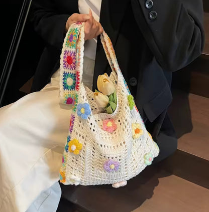 Crochet Knitted Flower Detail Tote Bag
