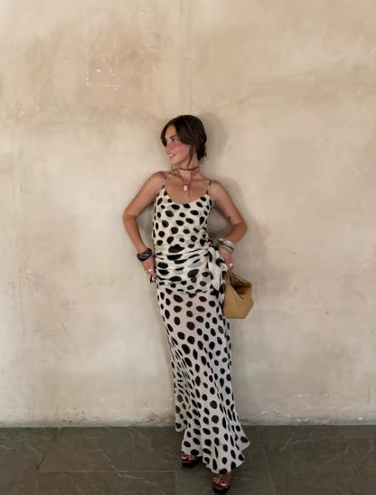 Mesh Dot Print Tie Up Layered Maxi Dress