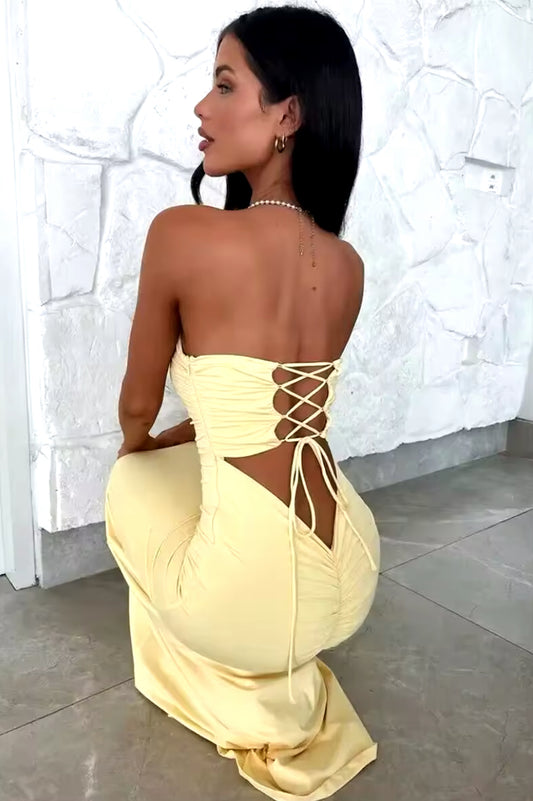 Lace Up Ruched Back Bandeau Bodycon Maxi Dress