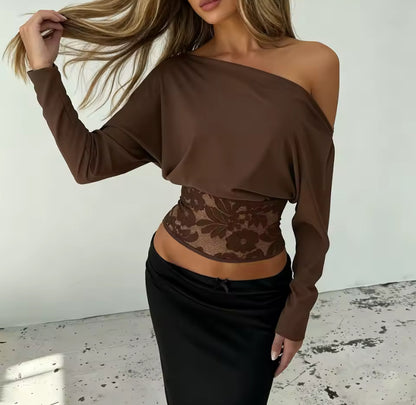 Long Sleeve Off-Shoulder Lace Waist Top
