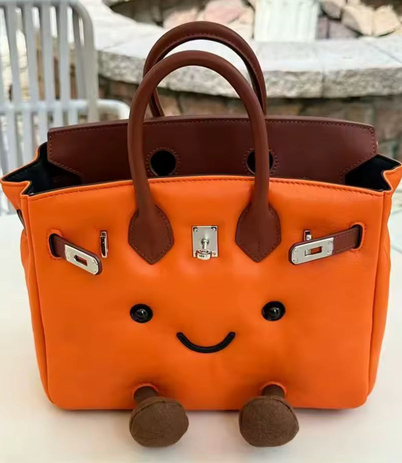 Faux Leather Smiley Face Metal Clasp Handbag