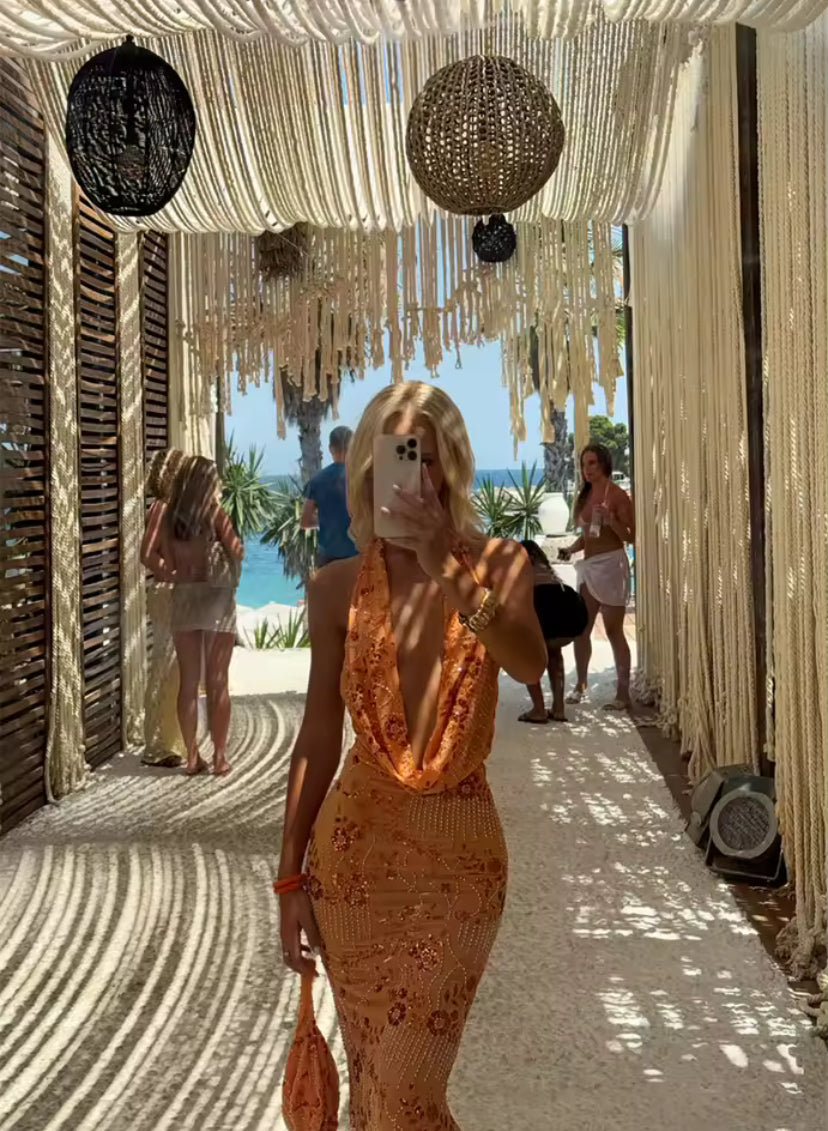 Beaded Sequin Cowl Neck Maxi Dress