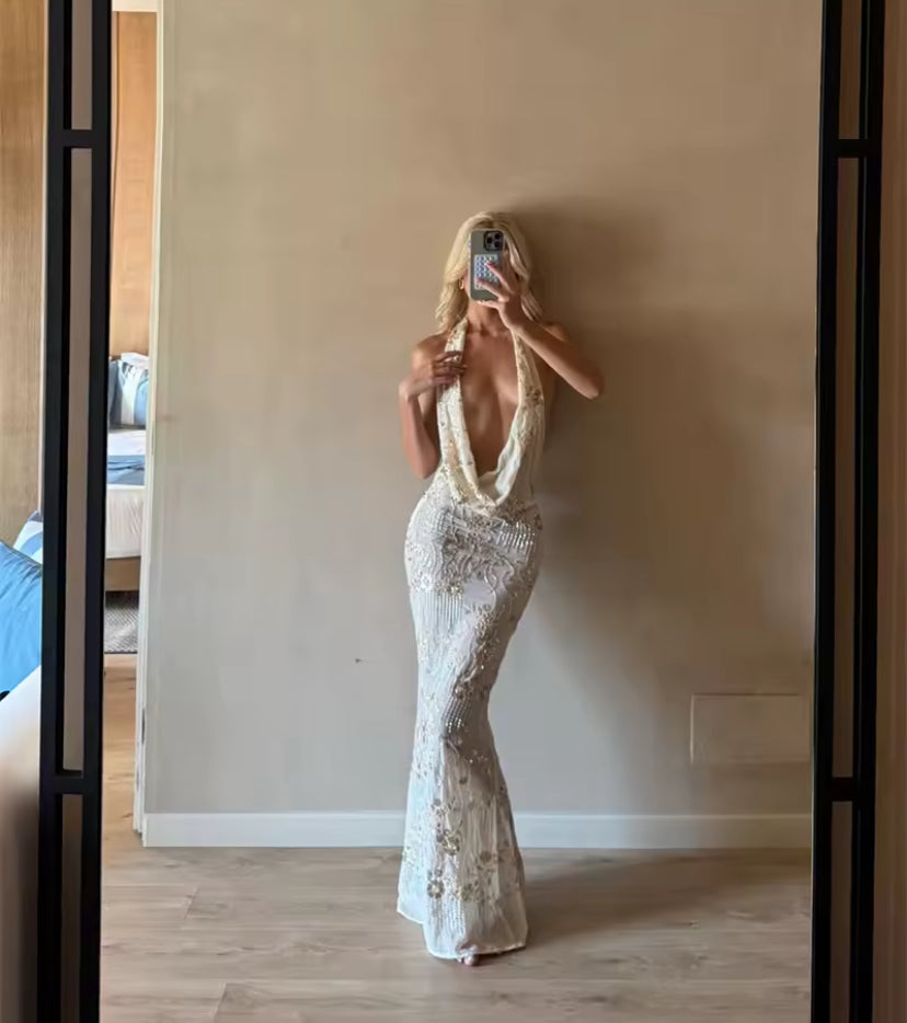 Beaded Sequin Cowl Neck Maxi Dress