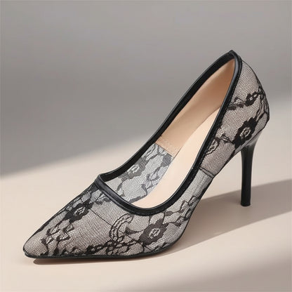Black Lace Embroidered Floral Mesh Detail Heels