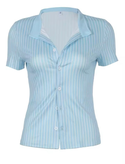Blue & White Fitted Button Up Shirt Style T-Shirt