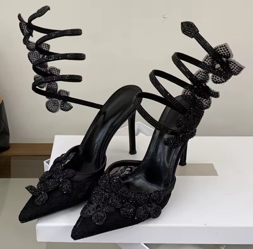 Wrap-around Flower Point Heels