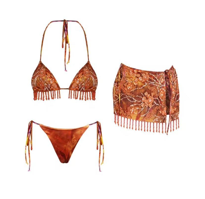 Floral Embroidered Sequin Beaded Bikini Set