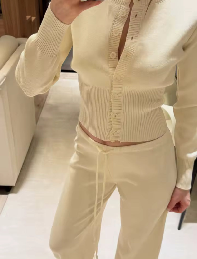 Ribbed Button Up Cardigan & Trouser Set