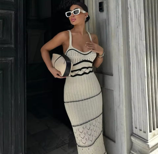 Crochet Knitted Patterned Side Split Maxi Dress