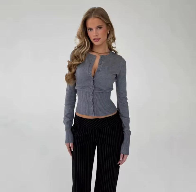 Ribbed Button Up Cardigan & Trouser Set