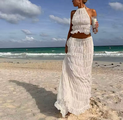 Ruched Mesh Ruffle Maxi Skirt Co-Ord