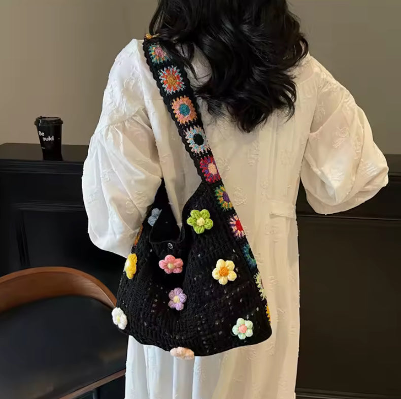 Crochet Knitted Flower Detail Tote Bag