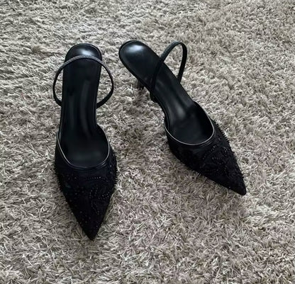 Mesh Embroidered Slingback Pointed Heel