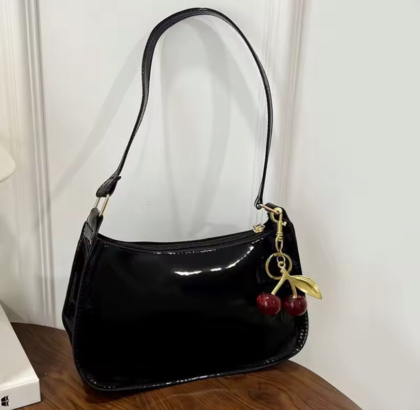 Shiny Faux Leather Cherry Detail Shoulder Bag
