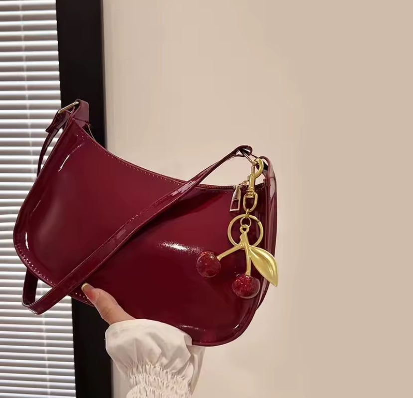 Shiny Faux Leather Cherry Detail Shoulder Bag