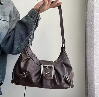 Faux Leather Ruched Buckle Bag