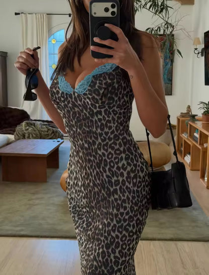 Blue Lace Detail Leopard Print Midi Dress