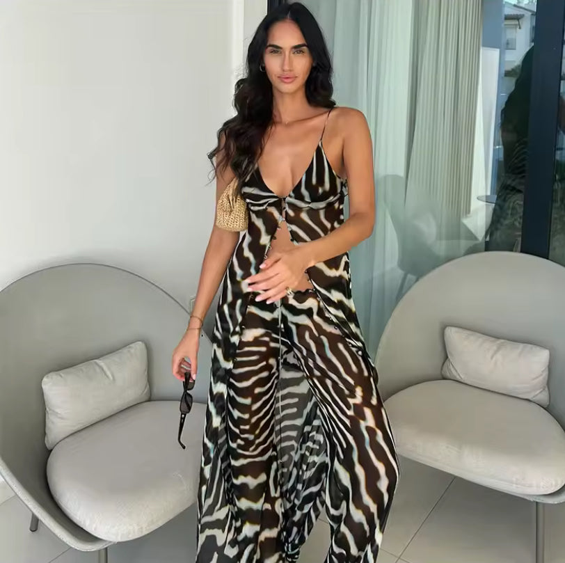Sheer Mesh Zebra Maxi Top Co-ord