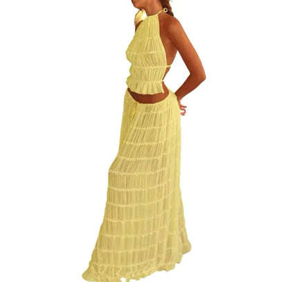 Ruched Mesh Ruffle Maxi Skirt Co-Ord