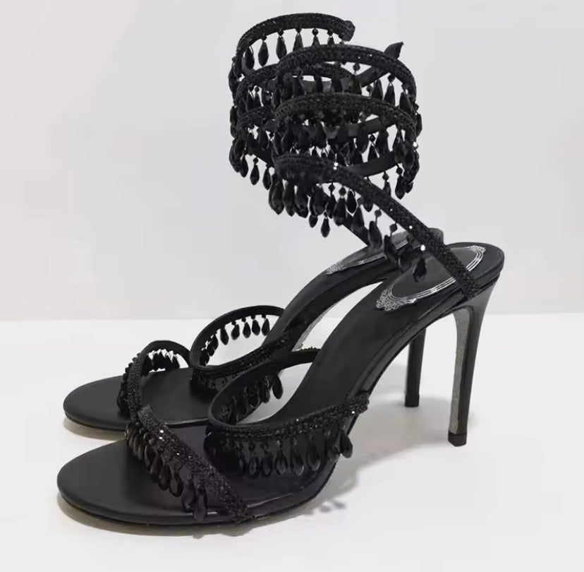 Crystal Cascade Wrap Heels