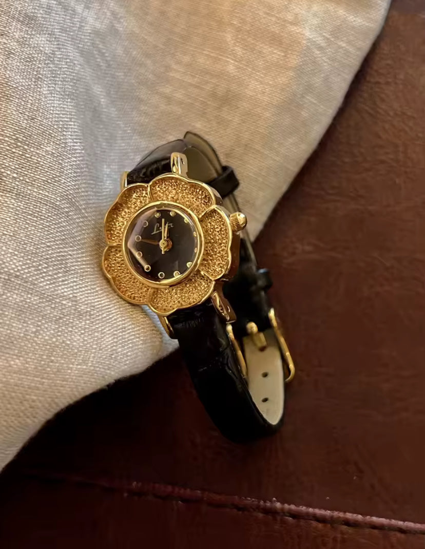 Gold Leather Flower Watch